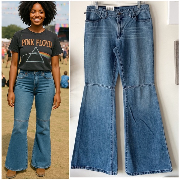 Polo Ralph Lauren Knee Seam Flare Vintage Y2K Mid Rise Blue Denim Jeans Size 8 - Picture 1 of 12